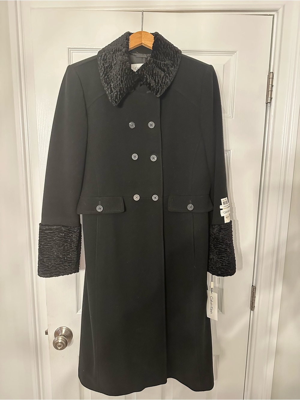 Wool and Cashmere Blend Black Double-Breasted Coat with Faux BrocadeTrim